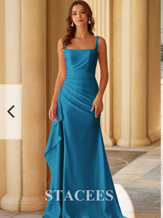 Stacees Dresses & Skirts - NWT | Stacees | Ink Blue Square Neckline Ruched Prom Dress w/Side Cascading Slit